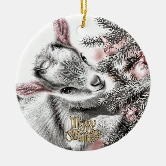 Ornamento De Cerâmica Baby Goat Christmas 5 and YOUR PHOTO (Frente)