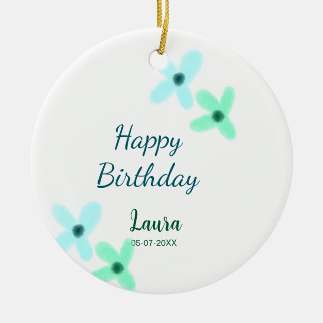 Ornamento De Cerâmica Baby kids 1st birthday add name blue green pastel  (Frente)