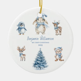 Ornamento De Cerâmica Baby My 1st Christmas Custom Woodland Blue