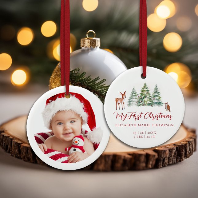 Ornamento De Cerâmica Baby My First Christmas Deer Owl Woodland Photo  (baby my first christmas ornament woodland deer owl trees baubles photo template red calligraphy)