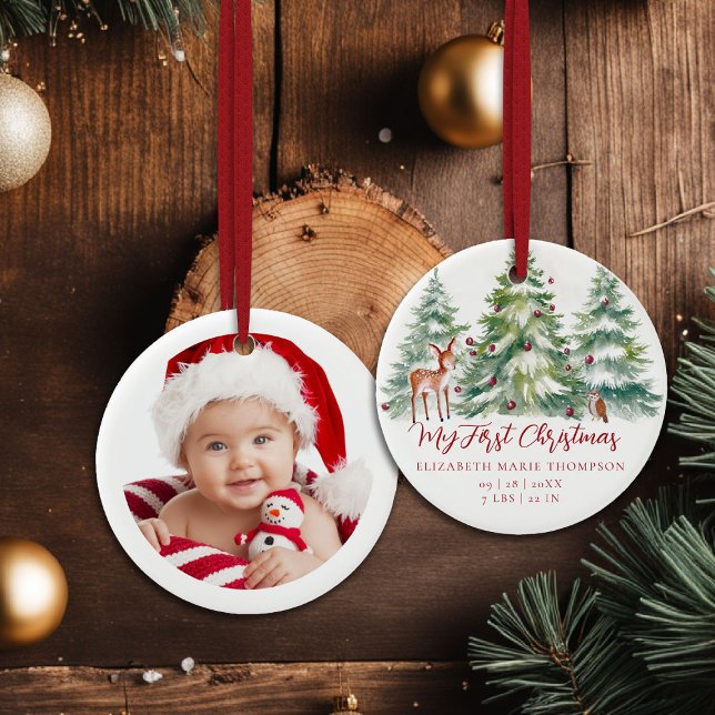 Ornamento De Cerâmica Baby My First Christmas Woodland Owl Deer Photo  (baby my first christmas ornament woodland deer owl frozen wonderland photo template red calligraphy)