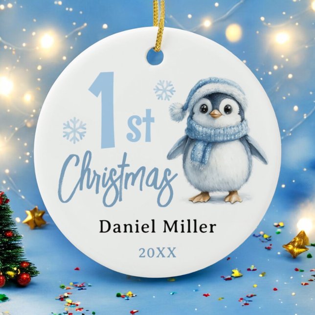 Ornamento De Cerâmica Baby Penguin Boy Primeiro Natal 2024 (Criador carregado)