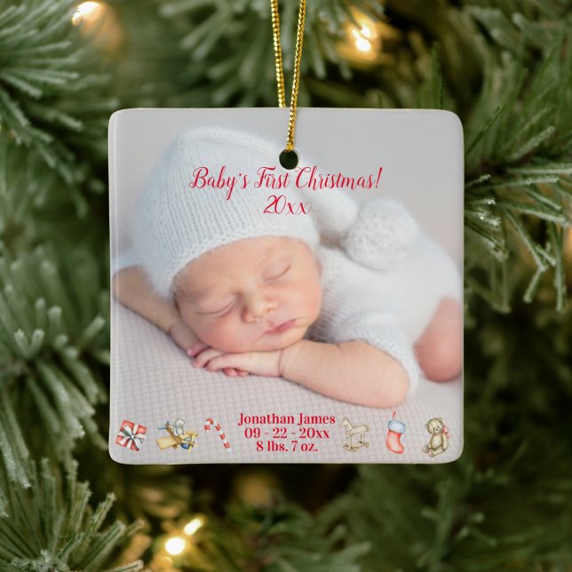 Ornamento De Cerâmica Baby’s First Christmas Birth Stats Year (Árvore)