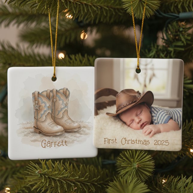 Ornamento De Cerâmica Baby’s First Christmas Cowboy Boots Photo (Baby's 1st Christmas  Cowboy Boots Christmas ornament)