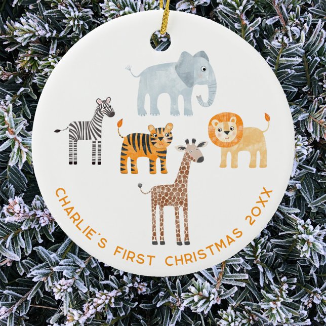 Ornamento De Cerâmica Baby Safari Animal Personalizado Primeiro Natal (Safari baby animal themed baby's first Christmas personalized custom text ornament)