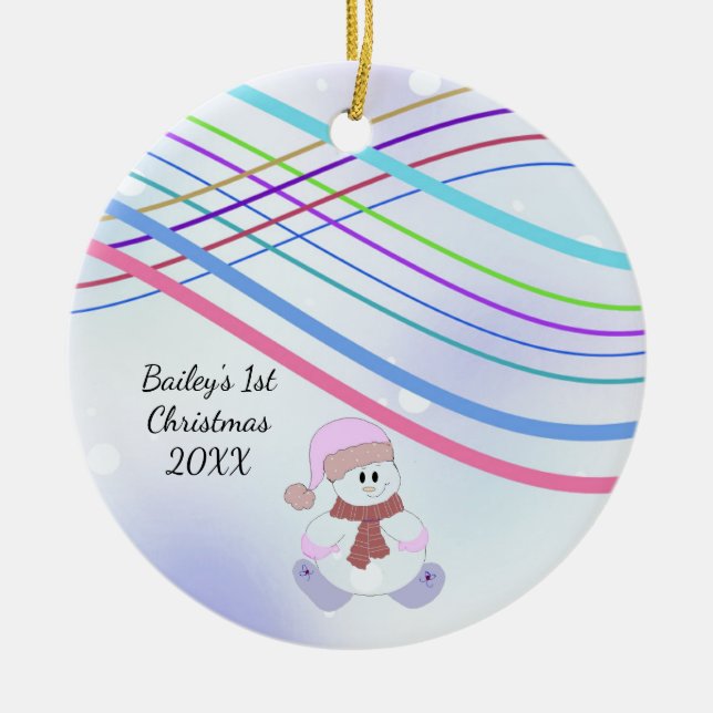 Ornamento De Cerâmica Baby Snowman Swirl Primeiro Natal (Frente)