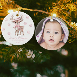 Ornamento De Cerâmica Babys 1st Christmas Photo Pink Snowflakes Woodland