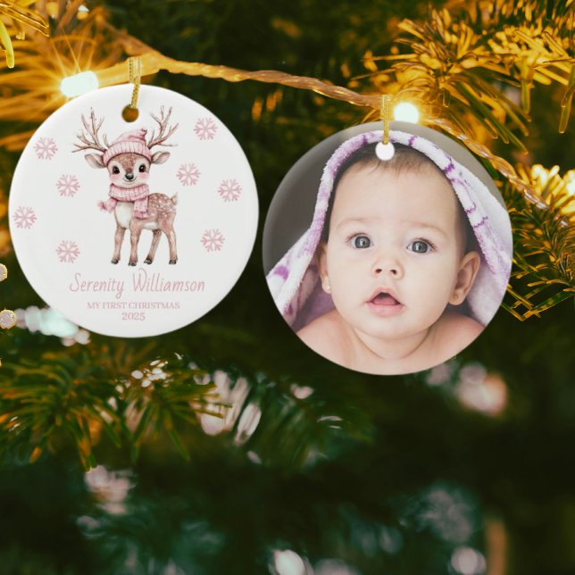 Ornamento De Cerâmica Babys 1st Christmas Photo Pink Snowflakes Woodland (Criador carregado)