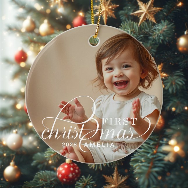 Ornamento De Cerâmica Baby's First Christmas Baby Photo Name (Criador carregado)