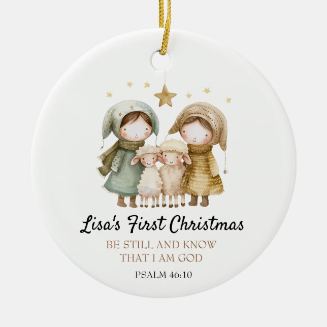 Ornamento De Cerâmica Baby's First Christmas Bible Verse Lamb Shepherd (Frente)