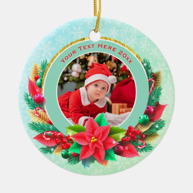 Ornamento De Cerâmica Baby's First Christmas Custom Name Photo Keepsake (Frente)