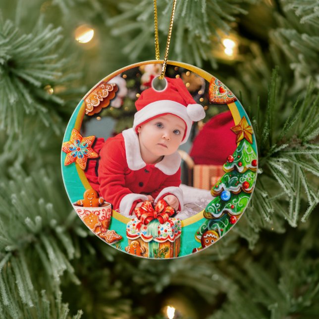 Ornamento De Cerâmica Baby's First Christmas Custom Name Photo Keepsake (Árvore)