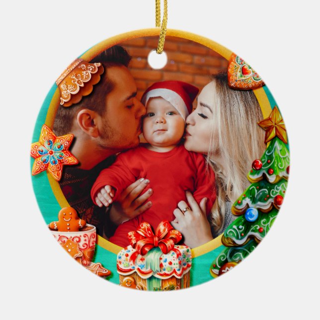 Ornamento De Cerâmica Baby's First Christmas Custom Name Photo Keepsake (Frente)