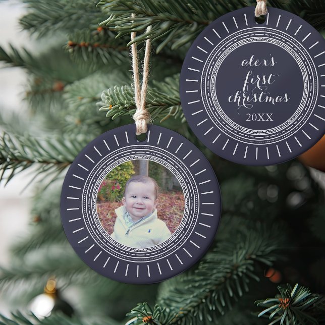 Ornamento De Cerâmica Baby's First Christmas | Modern Navy & White Photo (Criador carregado)