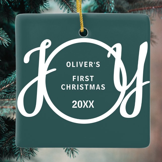 Ornamento De Cerâmica Baby's First Christmas Name Green Keepsake (Criador carregado)
