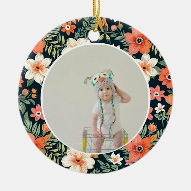 Ornamento De Cerâmica  Baby's First Christmas Ornament Photo Floral (Frente)