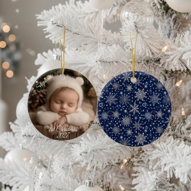 Ornamento De Cerâmica Baby's First Christmas Photo (Personalized baby's 1st Christmas photo ornament)