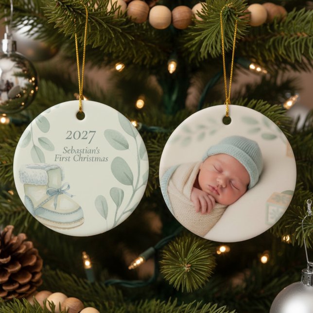 Ornamento De Cerâmica Baby's First Christmas Photo (Baby First Christmas personalized photo ornament)