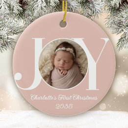 Ornamento De Cerâmica Baby's First Christmas Photo Blush Pink