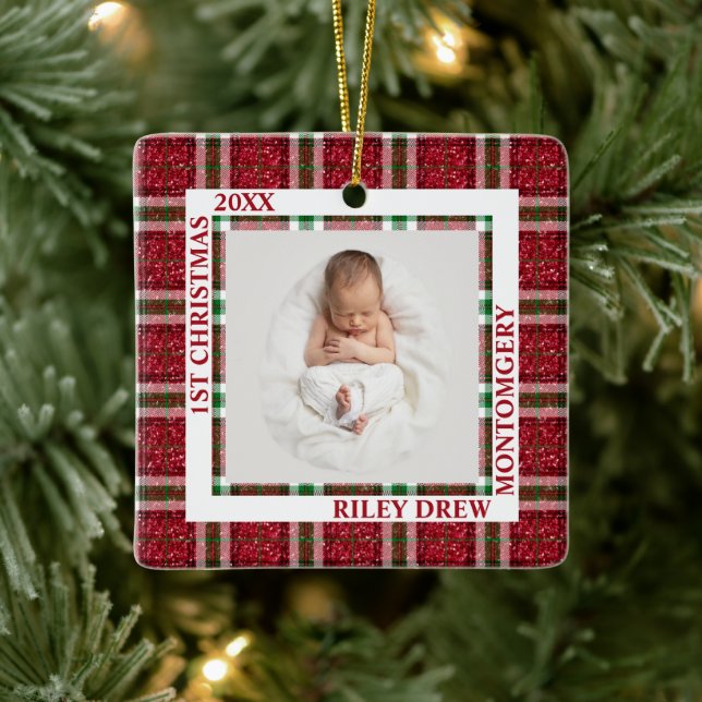 Ornamento De Cerâmica Baby's First Christmas Photo Plaid (Árvore)