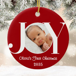 Ornamento De Cerâmica Baby's First Christmas Photo Red