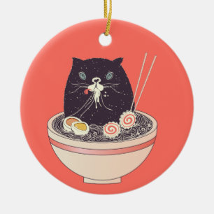 Ornamento De Cerâmica Bacia de ramen e de gato preto