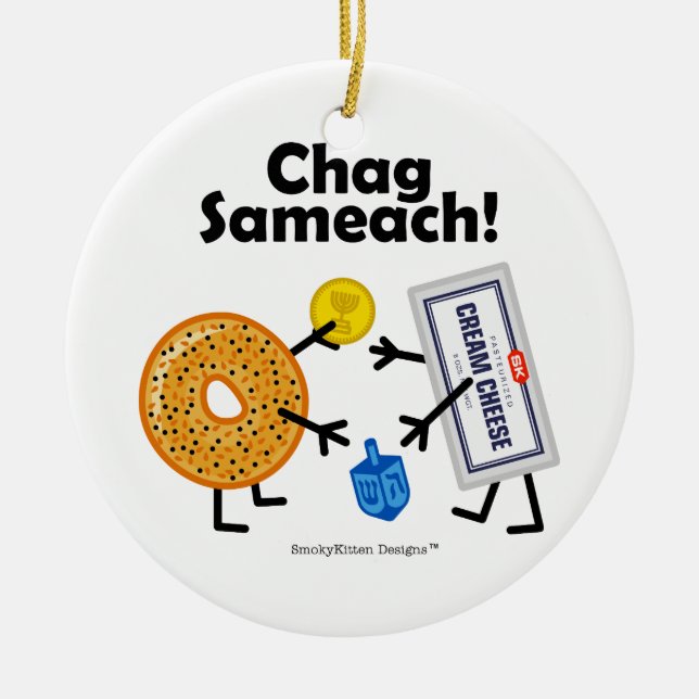 Ornamento De Cerâmica Bagel & queijo creme - Chag Sameach! (Frente)