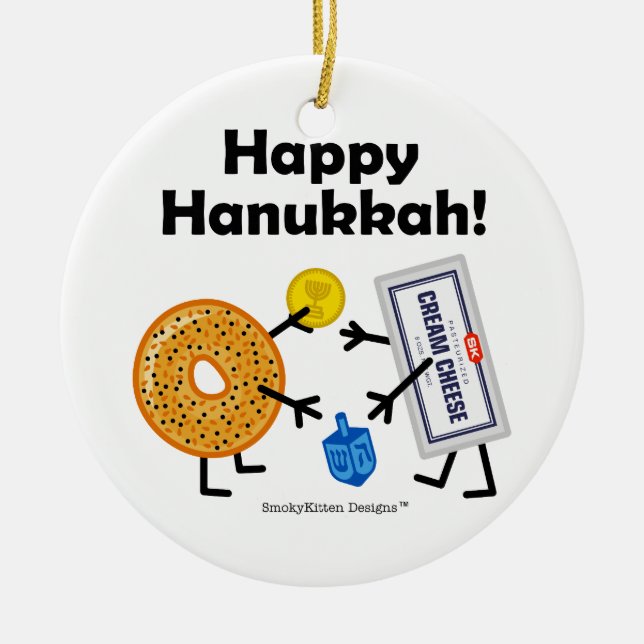 Ornamento De Cerâmica Bagel & queijo creme - Hanukkah feliz! (Frente)