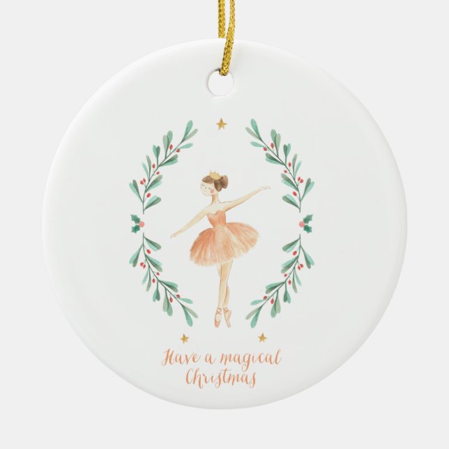 Ornamento De Cerâmica bailarina de aquarela, botânica e fofa, Natal (Frente)