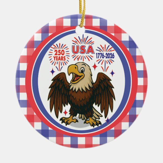 Ornamento De Cerâmica Bald Eagle com Fireworks - EUA 250 Anos 1776-2026 (Frente)