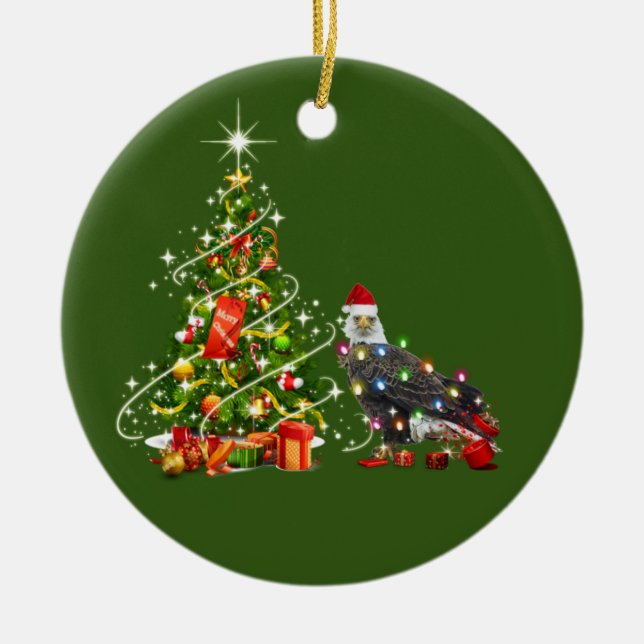 Ornamento De Cerâmica BALD EAGLE com o natal do chapéu (Frente)