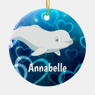 Ornamento De Cerâmica Baleia de Beluga e Corações Azuis Natal no Árti