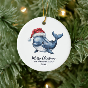 Ornamento De Cerâmica Baleia Náutica Personalizada no Natal de Santa Hat