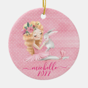 Ornamento De Cerâmica Ballerina Coelhinho Personalizado nome Aquarela