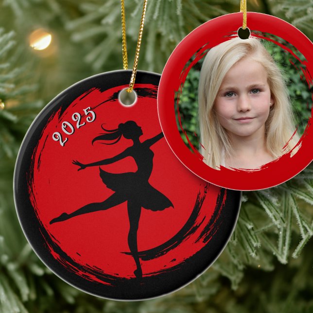 Ornamento De Cerâmica Ballerina Dated Black n Red Photo Ornament (Criador carregado)