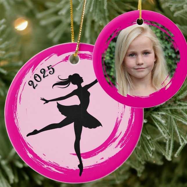 Ornamento De Cerâmica Ballerina Dated Pink Brushstroke Photo Ornament (Criador carregado)