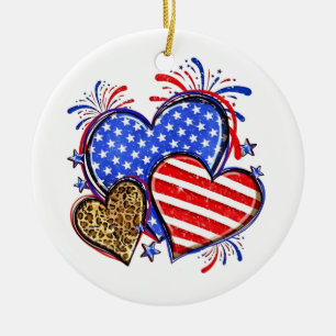 Ornamento De Cerâmica Bandeira Americana Coração Leopardo 4 de Julho EUA