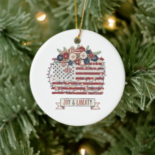 Ornamento De Cerâmica Bandeira Americana de Natal Patriótica "Alegria e