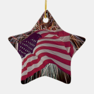 Ornamento De Cerâmica Bandeira americana e fogos-de-artifício