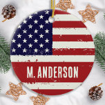 Ornamento De Cerâmica Bandeira Americana EUA Personalizado Patriótico<br><div class="desc">Este ornamento da bandeira americana é a maneira perfeita de mostrar seu espírito patriótico nesta temporada de festas. O ornamento apresenta o design icônico Estrelas e Stripes em cores vermelho, branco e azul. É um presente de excelente para veteranos militares e suas famílias, ou qualquer um que ama a América...</div>