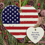 Ornamento De Cerâmica Bandeira Americana EUA Personalizado Patriótico<br><div class="desc">Este ornamento da bandeira americana é a maneira perfeita de mostrar seu espírito patriótico nesta temporada de festas. O ornamento apresenta o design icônico Estrelas e Stripes em cores vermelho, branco e azul. É um presente de excelente para veteranos militares e suas famílias, ou qualquer um que ama a América...</div>