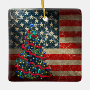 Ornamento De Cerâmica Bandeira Americana Personalizada e Árvore de Nata