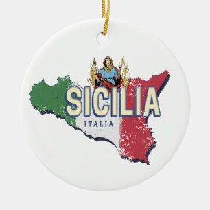 Ornamento De Cerâmica Bandeira da Sicília Itália Mapa Retro Souvenir Vin