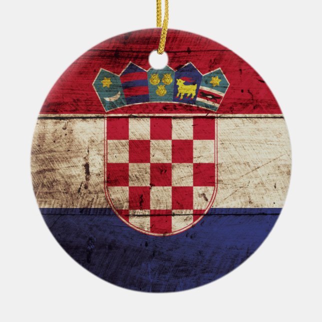 Ornamento De Cerâmica Bandeira de Croatia na grão de madeira velha (Frente)