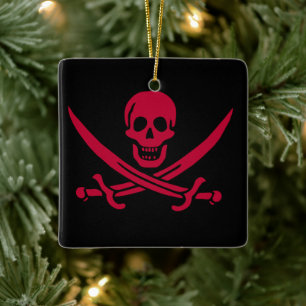 Ornamento De Cerâmica Bandeira pirata da Caveira Vermelha e Espadas de C