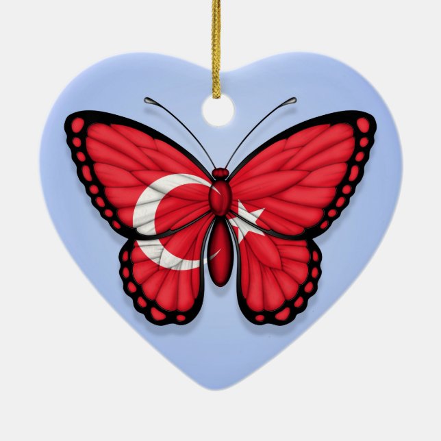 Ornamento De Cerâmica Bandeira turca da borboleta no azul (Verso)