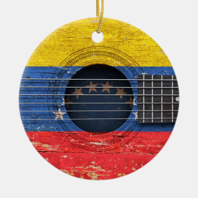 Ornamento De Cerâmica Bandeira venezuelana na guitarra acústica velha (Frente)