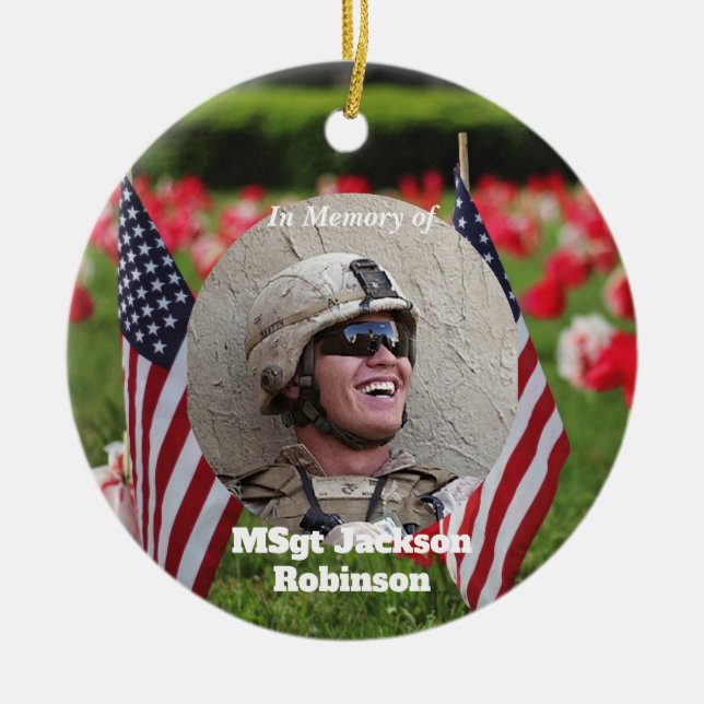 Ornamento De Cerâmica Bandeiras Veteranas Americanas e Poppies (Frente)