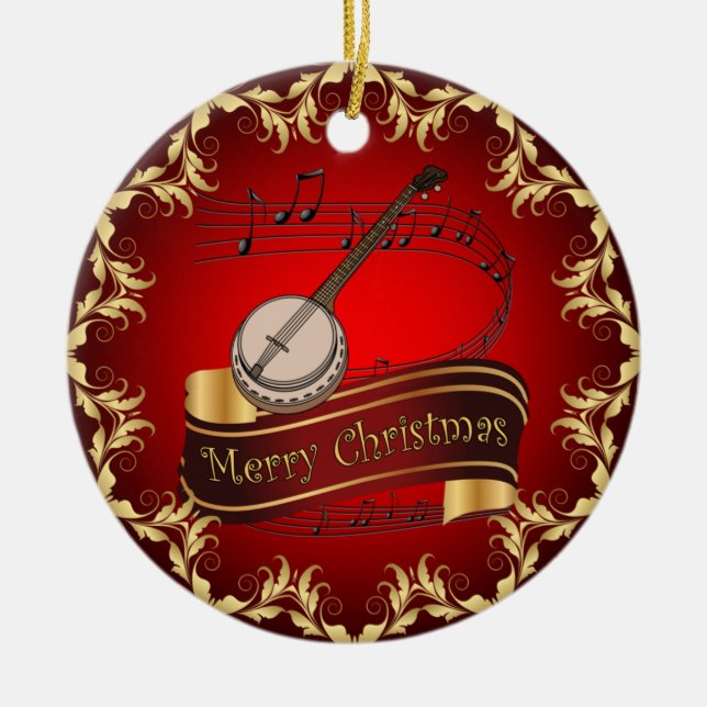 Ornamento De Cerâmica Banjo ~ Rolo Musical ~ Feliz Natal ~ * ~ (Frente)