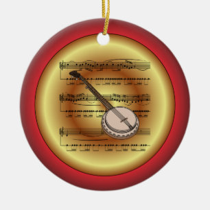 Ornamento De Cerâmica Banjo ~ Sheet Music ~ Red/Green/Dourado ~ Natal ~